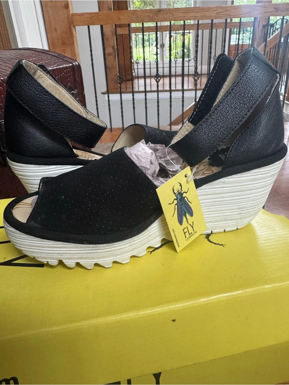 Fly London Yake black suede platform peep toe ankle wrap sandals